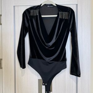 Zara Black Velvet Bodysuit with Rhinestone Detail